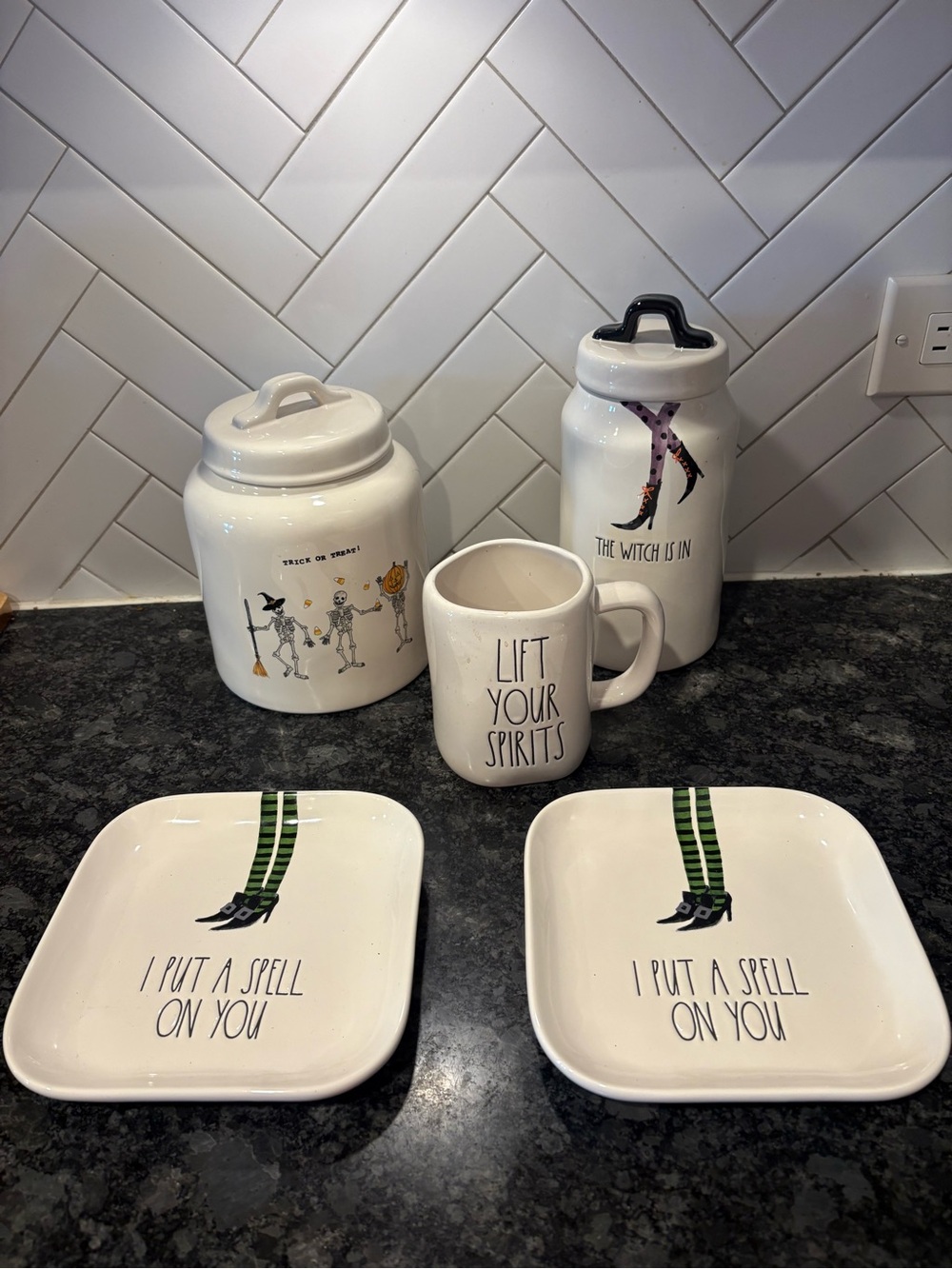 Rae Dunn White Halloween Witch Canisters, Mug & Plates Set